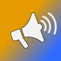 This image depicts a megaphone against an orange-to-blue gradient background.